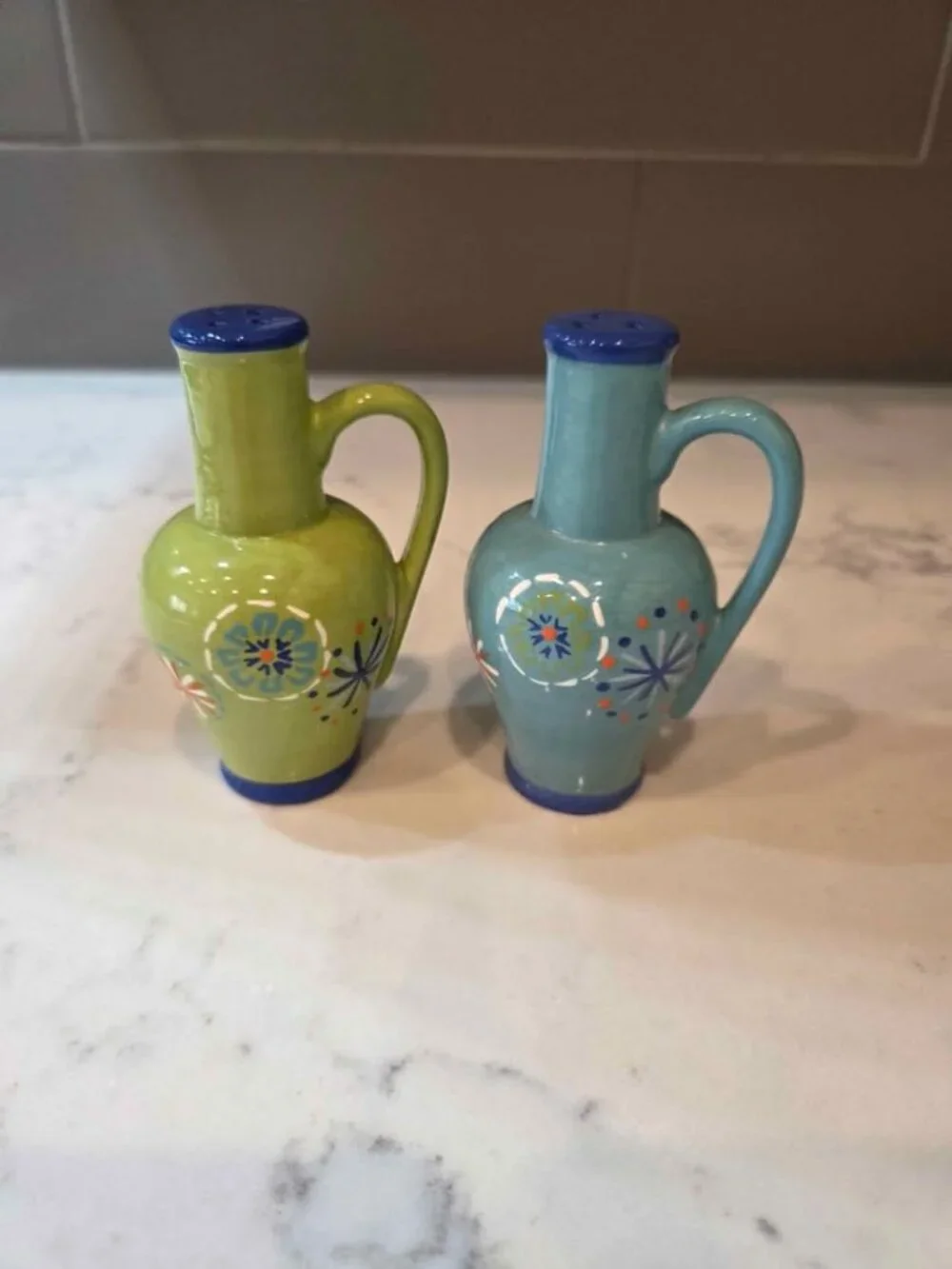 Ceramic beautiful vibrant hand painted salt and pepper shakers set